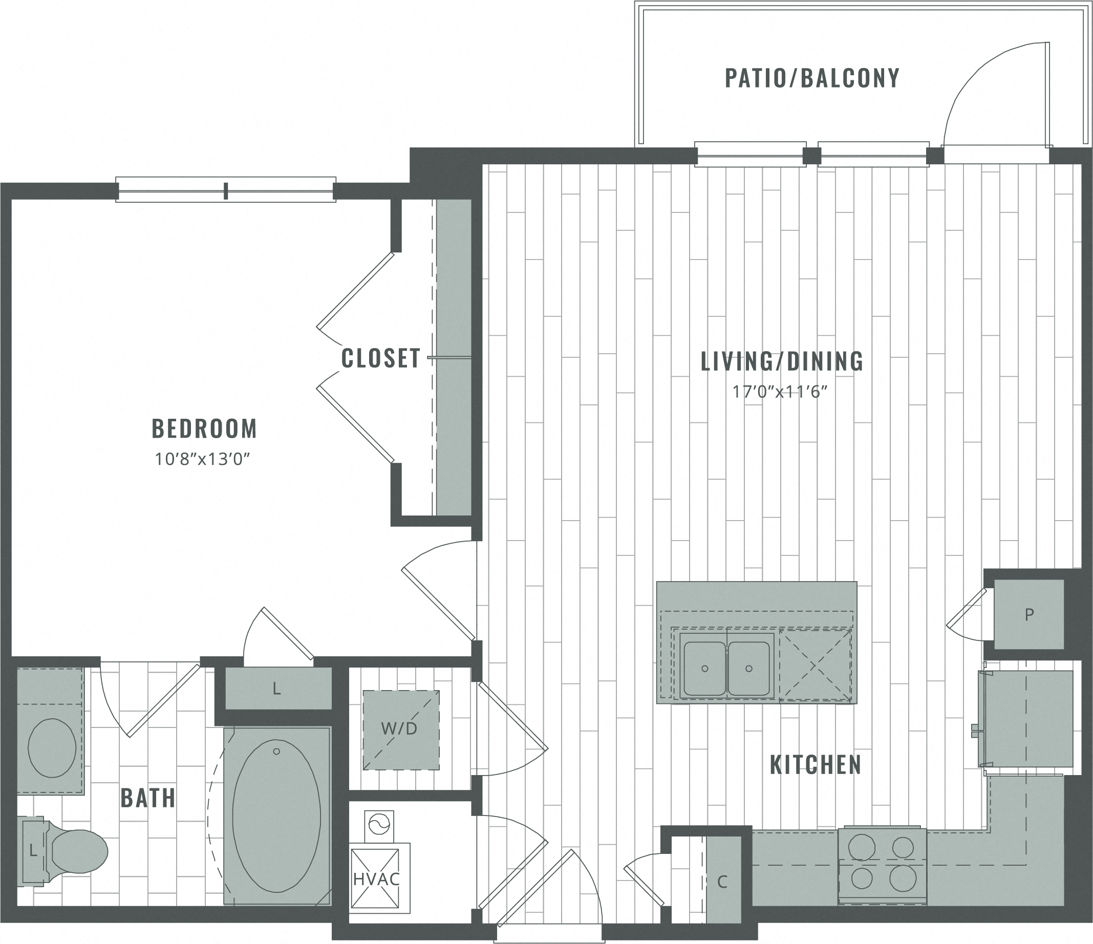 Floor plan for 1 bed, 1 bath, 676 sqft